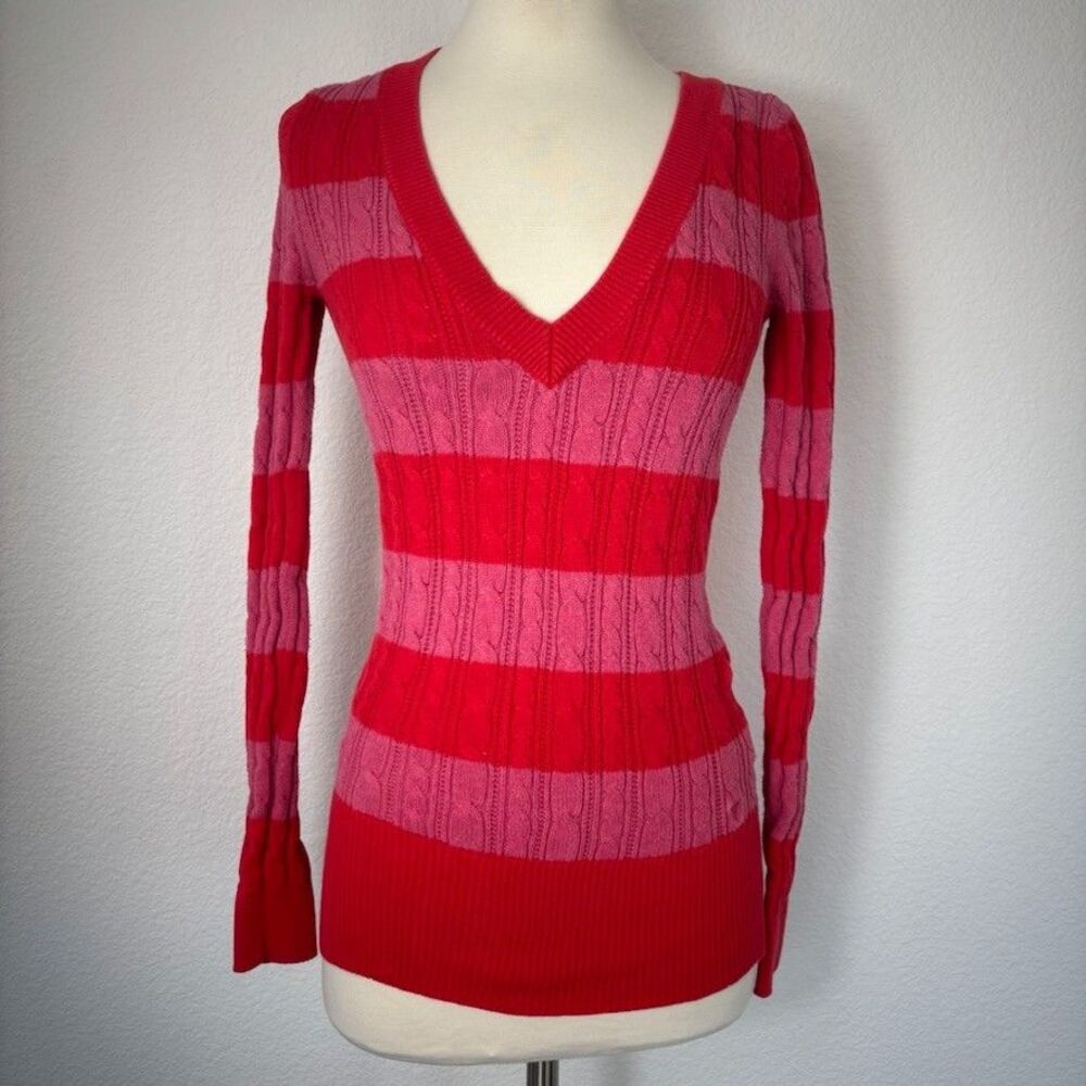 Y2K American Eagle Womens V-neck Sweater S Cable knit Striped Multicolor 2011